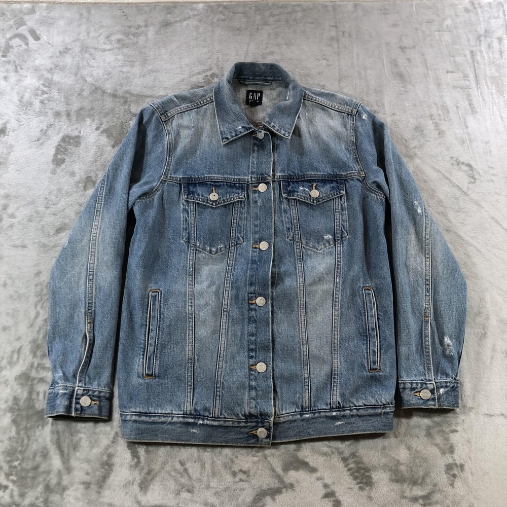 Gap Denim Jacket Womens XS Blue Trucker Distressed Button Front Cotton Jean